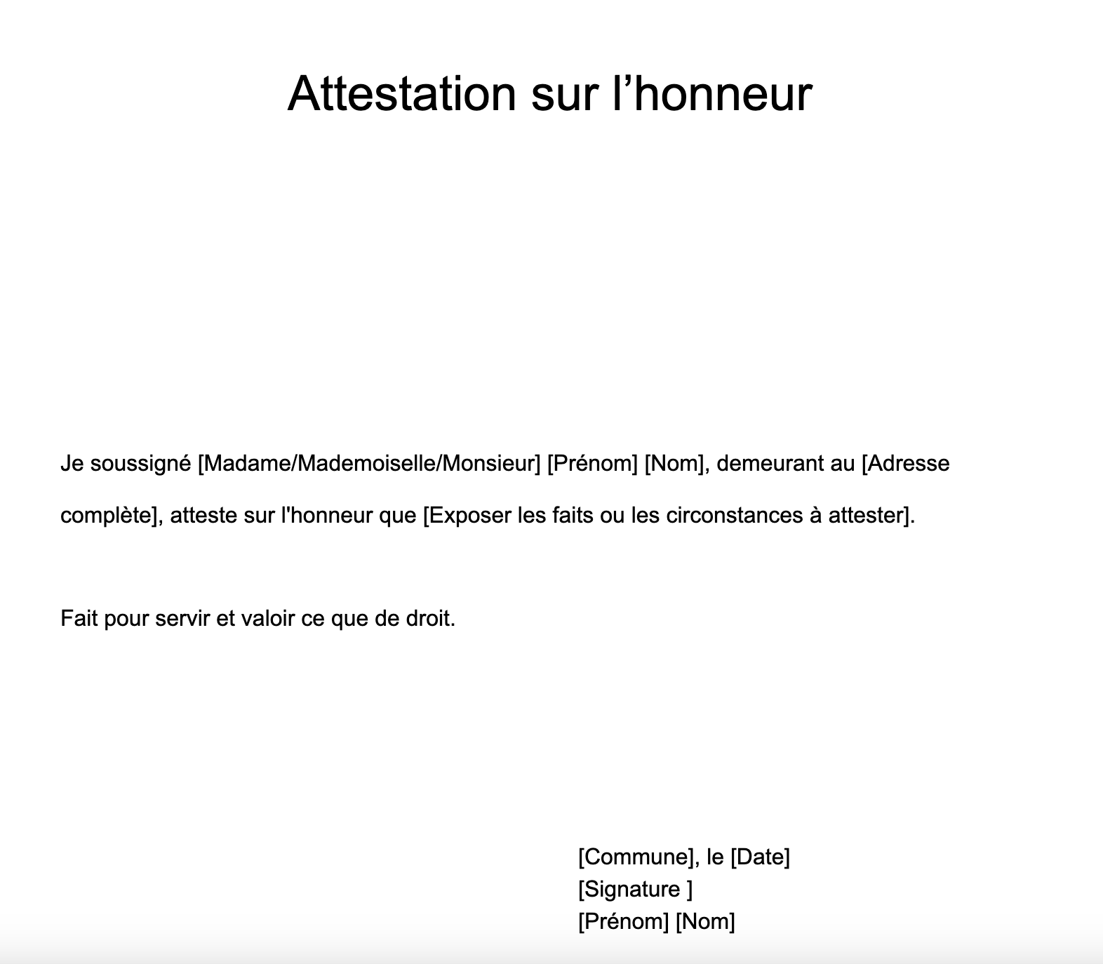 Attestation Sur L honneur Mod le Word Et PDF Avec Exemple 